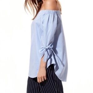 Babaton Aritzia bow sleeve blue cotton striped blouse off the shoulder coastal